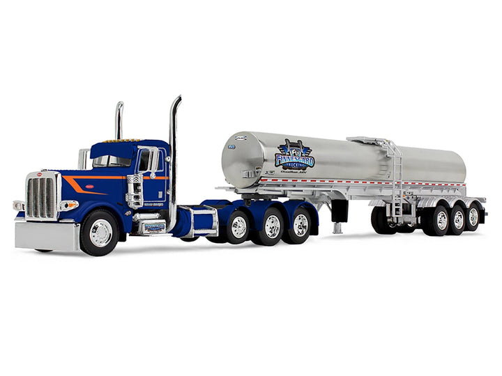 Peterbilt 389 Tri-Axle Day Cab and Walker Food Grade Tank Trailer "Finnesgard Trucking" Blue with Orange Stripes 1/64 Diecast Model by DCP/First Gear image 2