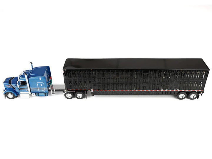 Peterbilt 589 with 72" Mid-Roof Sleeper and Wilson Silverstar Livestock Trailer Bright Blue with Black Stripes and Trailer 1/64 Diecast Model by DCP/First Gear image 2