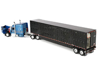 Peterbilt 589 with 72" Mid-Roof Sleeper and Wilson Silverstar Livestock Trailer Bright Blue with Black Stripes and Trailer 1/64 Diecast Model by DCP/First Gear image 3