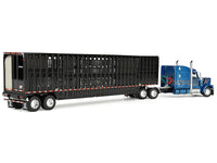 Peterbilt 589 with 72" Mid-Roof Sleeper and Wilson Silverstar Livestock Trailer Bright Blue with Black Stripes and Trailer 1/64 Diecast Model by DCP/First Gear image 4