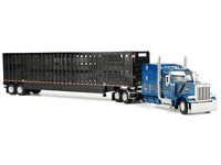 Peterbilt 589 with 72" Mid-Roof Sleeper and Wilson Silverstar Livestock Trailer Bright Blue with Black Stripes and Trailer 1/64 Diecast Model by DCP/First Gear image 5