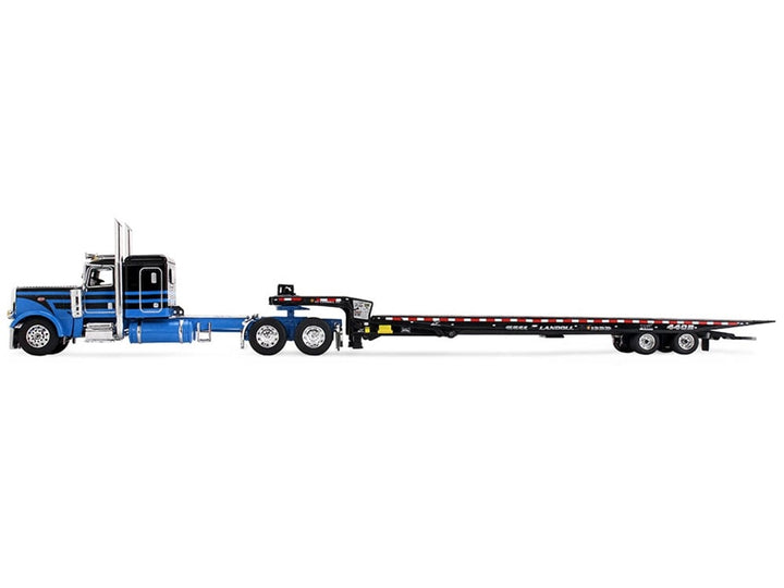 Peterbilt 389 with 48" Flat Top Sleeper and Landoll 440B-50CA Traveling Axle Trailer Black with Blue Stripes 1/64 Diecast Model by DCP/First Gear image 2