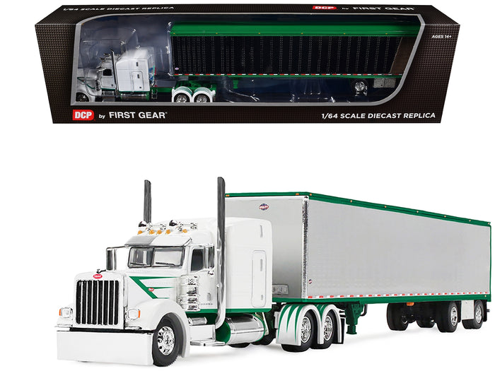 Peterbilt 389 with 63" Mid-Roof Sleeper and 53' Utility Trailer White with Green Stripes 1/64 Diecast Model by DCP/First Gear