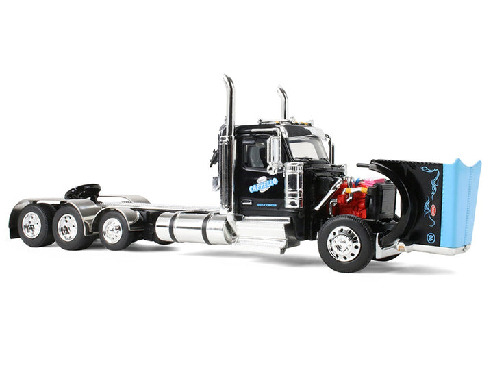 Peterbilt 589 Day Cab and Fontaine Renegade LXT40 Lowboy Trailer with Fliptail "Cappello Heavy Transport" Black with Light Blue Hood 1/64 Diecast Model by DCP/First Gear image 2