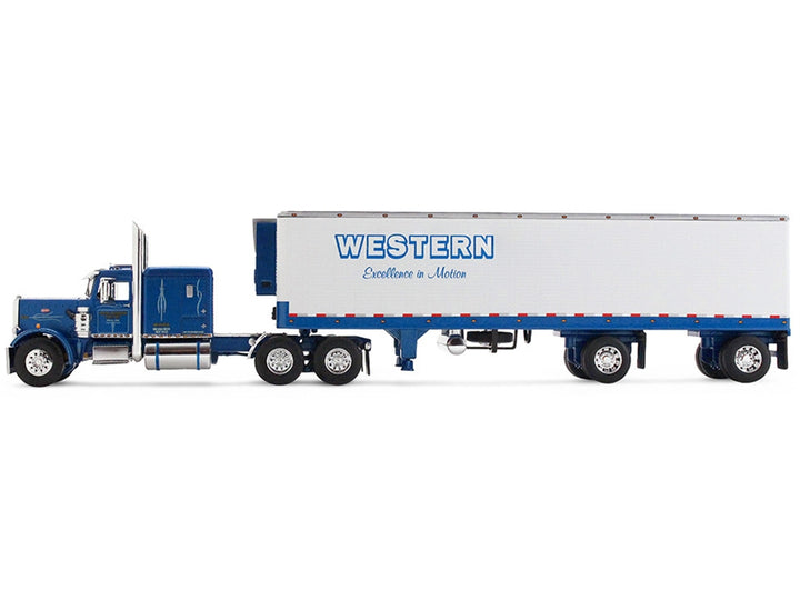 Peterbilt 351 with 63" Flat Top Sleeper and 40' Vintage Trailer with Reefer "Western Distributing" Blue Metallic and White 1/64 Diecast Model by DCP/First Gear image 2