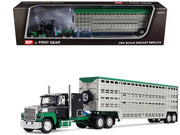 Ford LTL 9000 with 60" Flat Top Sleeper and 45' Wilson Vintage Livestock Trailer Black and Green 1/64 Diecast Model by DCP/First Gear