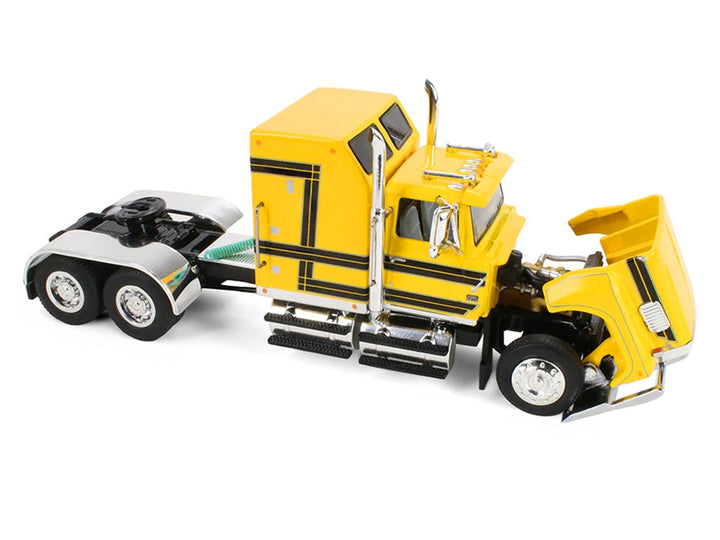 Ford LTL 9000 with 60" Aerodyne Sleeper and 53' Wilson Roadbrute Flatbed Trailer with Covered Wagon Yellow with Black Stripes 1/64 Diecast Model by DCP/First Gear image 2