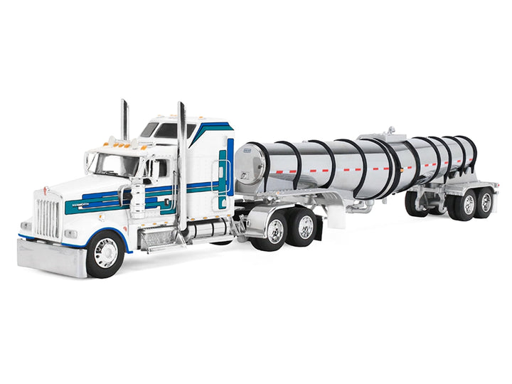 Kenworth W900L with 60" Aerodyne Sleeper and Polar Deep Drop Trailer White with Blue and Green Stripes 1/64 Diecast Model by DCP/First Gear image 2