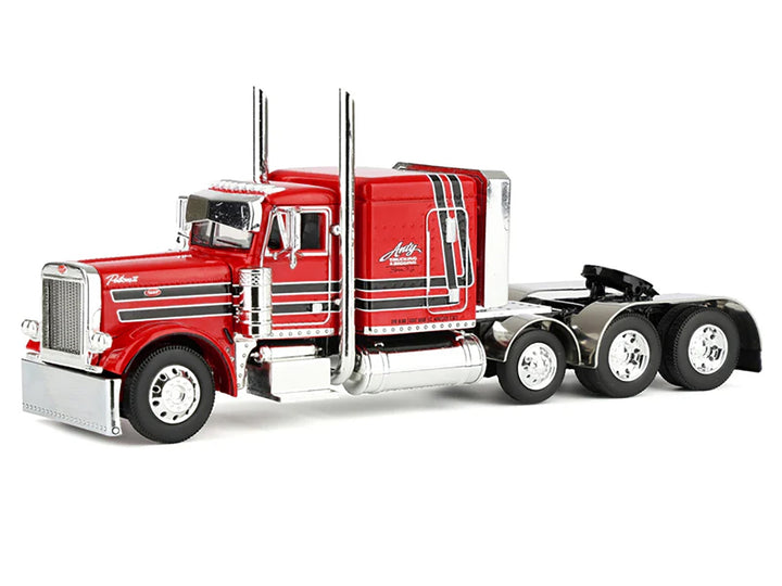 Peterbilt 379 with 63" Flat Top Sleeper and Fontaine Magnitude Lowboy Trailer with Fliptail "Anty Trucking & Rigging" Red with Black Stripes 1/64 Diecast Model by DCP/First Gear image 2