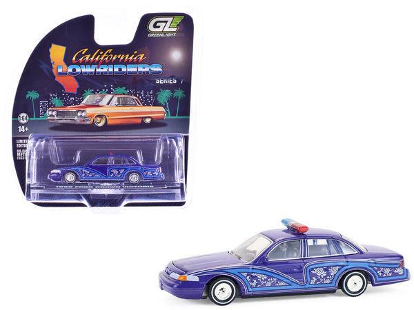 1992 Ford Crown Victoria Lowrider Blue with Graphics and Lightbar "California Lowriders" Series 7 1/64 Diecast Model Car by Greenlight