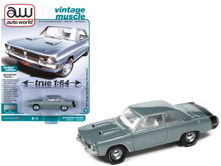 1971 Dodge Dart Swinger 340 Special Light Gunmetal Gray Metallic with Black Tail Stripe "Vintage Muscle" Limited Edition 1/64 Diecast Model Car by Auto World image 2