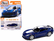 2018 Chevrolet Corvette Grand Sport Admiral Blue with White Stripe "Sports Cars" Series 1/64 Diecast Model Car by Auto World image 2