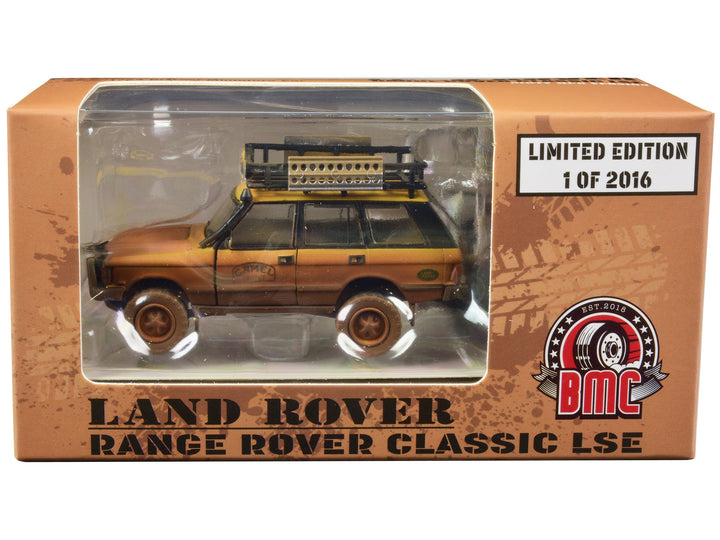 Land Rover Range Rover Classic LSE RHD (Right Hand Drive) "Camel Trophy" Yellow (Dirty Mud Version) with Roof Rack Extra Wheels and Accessories Limited Edition to 2016 pieces Worldwide 1/64 Diecast Model Car by BM Creati image 2