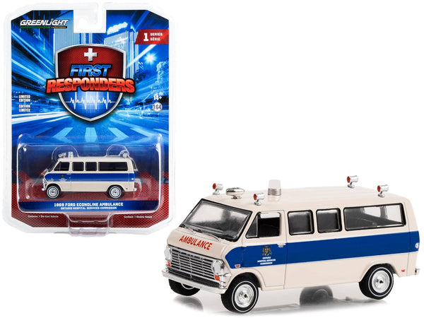 GreenLight 1969 Ford Econoline ambulance beige blue Ontario Hospital Services Commission 1:64 67040A, view 1