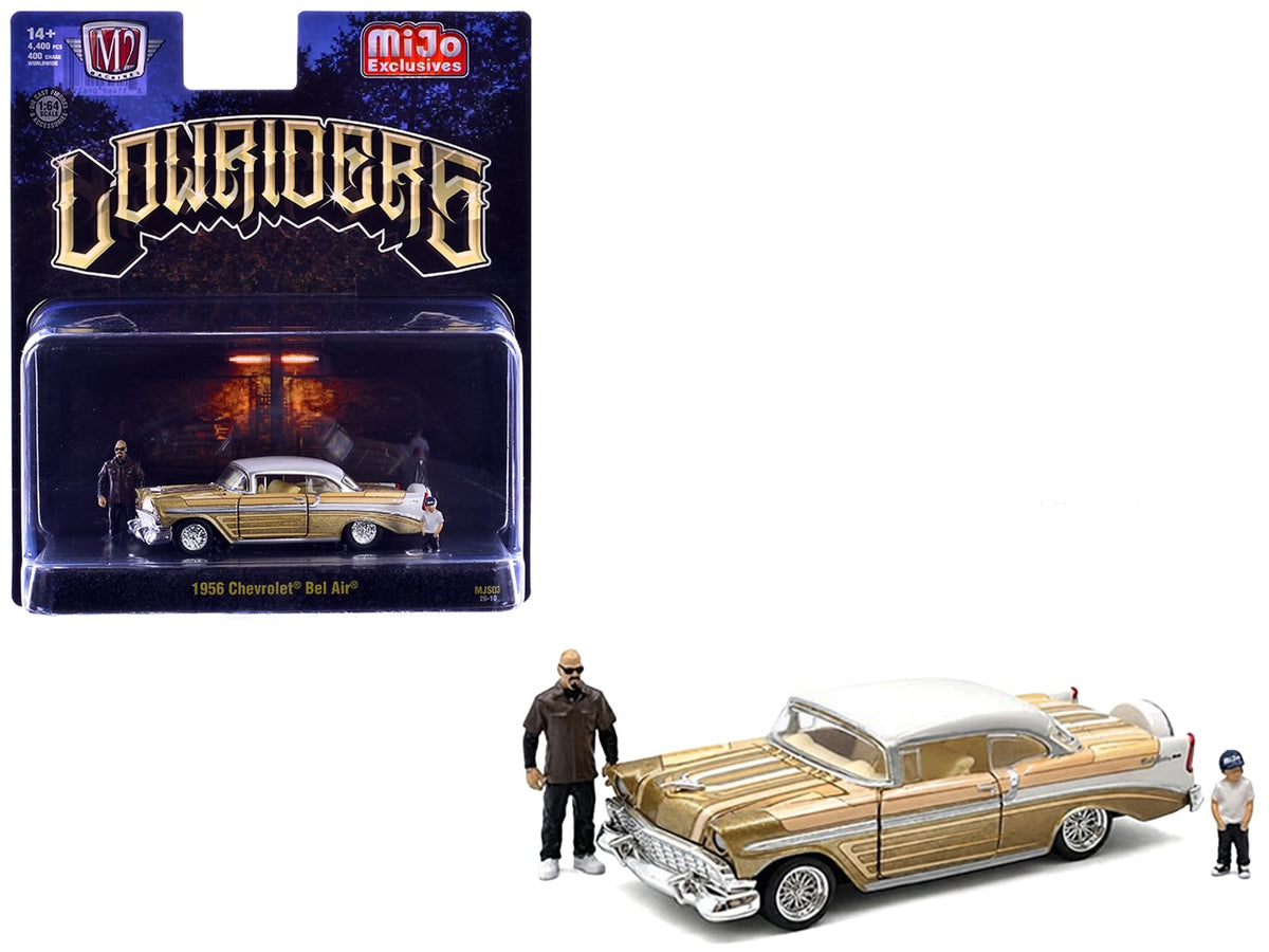1956 Chevrolet Bel Air Lowrider Gold Metallic with Gold Interior and White Top with 2 Figures Limited Edition to 4400 pieces Worldwide 1/64 Diecast Model Car by M2 Machines