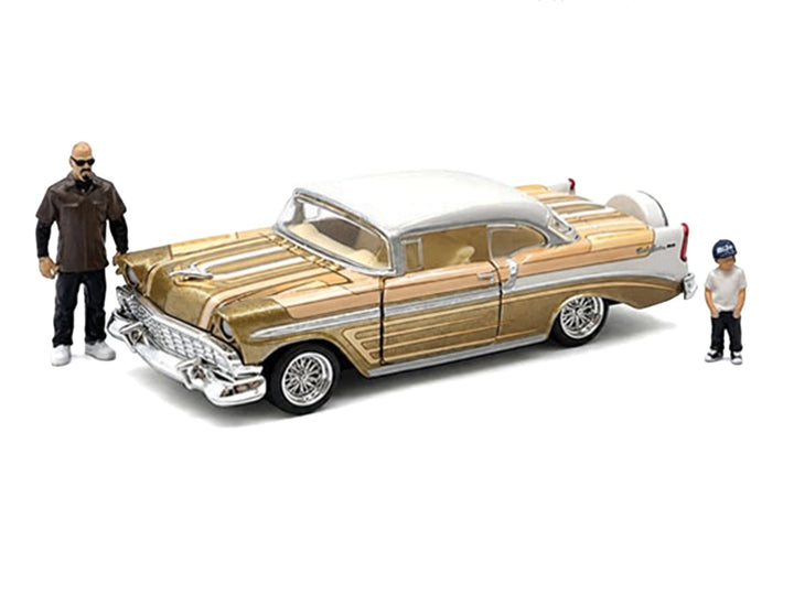 1956 Chevrolet Bel Air Lowrider Gold Metallic with Gold Interior and White Top with 2 Figures Limited Edition to 4400 pieces Worldwide 1/64 Diecast Model Car by M2 Machines image 2