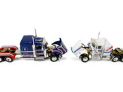 Kenworth W900L with 72" Aerocab Flat Top Sleeper Blue with White Stripes and Fontaine Magnitude Lowboy Trailer with Kenworth W900A Load White with Blue and Red Stripes "America 250" 1/64 Diecast Model by DCP/First Gear image 2