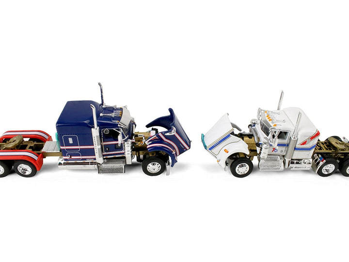 Kenworth W900L with 72" Aerocab Flat Top Sleeper Blue with White Stripes and Fontaine Magnitude Lowboy Trailer with Kenworth W900A Load White with Blue and Red Stripes "America 250" 1/64 Diecast Model by DCP/First Gear image 2