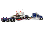 Kenworth W900L with 72" Aerocab Flat Top Sleeper Blue with White Stripes and Fontaine Magnitude Lowboy Trailer with Kenworth W900A Load White with Blue and Red Stripes "America 250" 1/64 Diecast Model by DCP/First Gear image 3