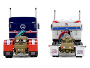 Kenworth W900L with 72" Aerocab Flat Top Sleeper Blue with White Stripes and Fontaine Magnitude Lowboy Trailer with Kenworth W900A Load White with Blue and Red Stripes "America 250" 1/64 Diecast Model by DCP/First Gear image 4