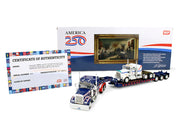 Kenworth W900L with 72" Aerocab Flat Top Sleeper Blue with White Stripes and Fontaine Magnitude Lowboy Trailer with Kenworth W900A Load White with Blue and Red Stripes "America 250" 1/64 Diecast Model by DCP/First Gear image 5