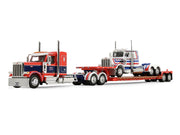 Peterbilt 589 with 44" Flat Top Sleeper Red with Blue Stripes and Fontaine Renegade LXT40 Lowboy Trailer with Peterbilt 359 Load White with Blue and Red Stripes "America 250" 1/64 Diecast Model by DCP/First Gear image 2