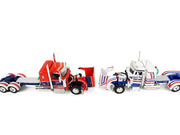 Peterbilt 589 with 44" Flat Top Sleeper Red with Blue Stripes and Fontaine Renegade LXT40 Lowboy Trailer with Peterbilt 359 Load White with Blue and Red Stripes "America 250" 1/64 Diecast Model by DCP/First Gear image 3