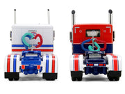 Peterbilt 589 with 44" Flat Top Sleeper Red with Blue Stripes and Fontaine Renegade LXT40 Lowboy Trailer with Peterbilt 359 Load White with Blue and Red Stripes "America 250" 1/64 Diecast Model by DCP/First Gear image 4
