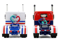Peterbilt 589 with 44" Flat Top Sleeper Red with Blue Stripes and Fontaine Renegade LXT40 Lowboy Trailer with Peterbilt 359 Load White with Blue and Red Stripes "America 250" 1/64 Diecast Model by DCP/First Gear image 4