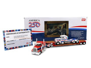 Peterbilt 589 with 44" Flat Top Sleeper Red with Blue Stripes and Fontaine Renegade LXT40 Lowboy Trailer with Peterbilt 359 Load White with Blue and Red Stripes "America 250" 1/64 Diecast Model by DCP/First Gear image 5
