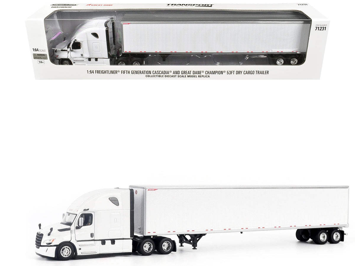 2025 Freightliner Cascadia Gen-5 Truck Tractor with Sleeper and Great Dane Champion 53ft Dry Cargo Trailer Winter White "Transport Series" 1/64 Diecast Model by Diecast Masters