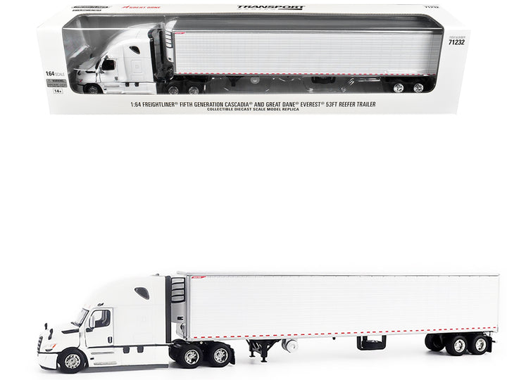 2025 Freightliner Cascadia Gen-5 Truck Tractor with Sleeper and Great Dane Champion 53ft Refrigerated Trailer Winter White "Transport Series" 1/64 Diecast Model by Diecast Masters