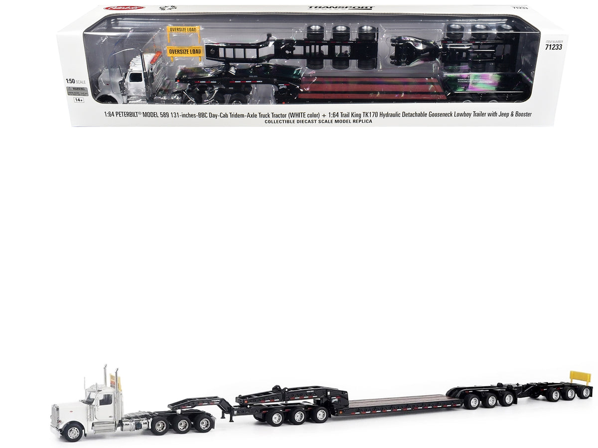 Peterbilt 589 Tridem-Axle Truck Tractor with Day Cab and Trail King TK170 Hydraulic Detachable Gooseneck Lowboy Trailer with Jeep and Booster White "Transport Series" 1/64 Diecast Model by Diecast Masters