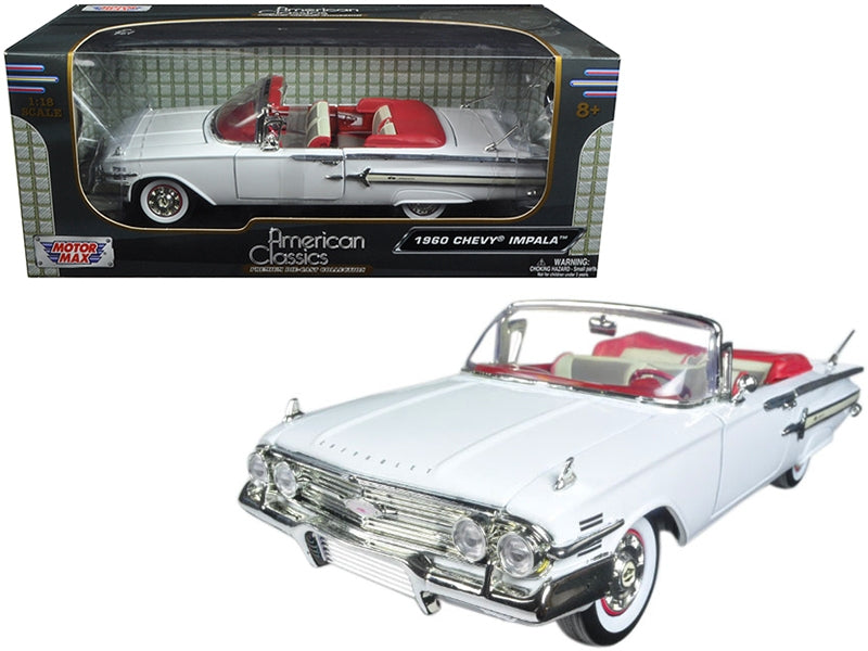 1960 Chevrolet Impala Convertible White with Red Interior 1/18 Diecast Model Car by Motormax