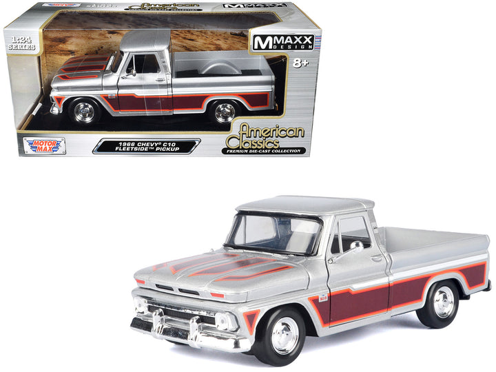 1966 Chevrolet C10 Fleetside Pickup Truck Silver Metallic with Brown Sides "American Classics" Series 1/24 Diecast Model Car by Motormax image 2