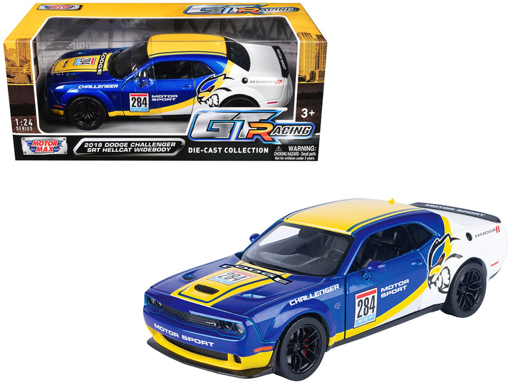 2018 Dodge Challenger SRT Hellcat Widebody #284 Blue Metallic and White with Yellow Graphics "GT Racing" Series 1/24 Diecast Model Car by Motormax image 2