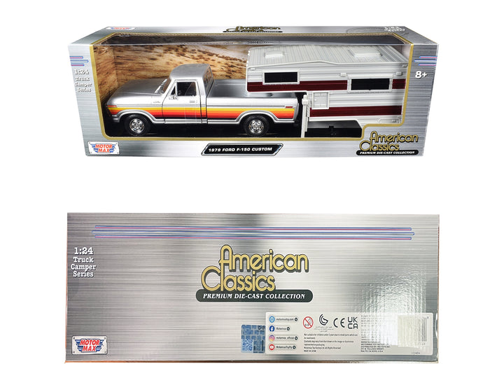1979 Ford F-150 Custom Pickup Truck Silver Metallic with Side Stripes with Camper Shell "American Classics" Series 1/24 Diecast Model Car by Motormax image 2