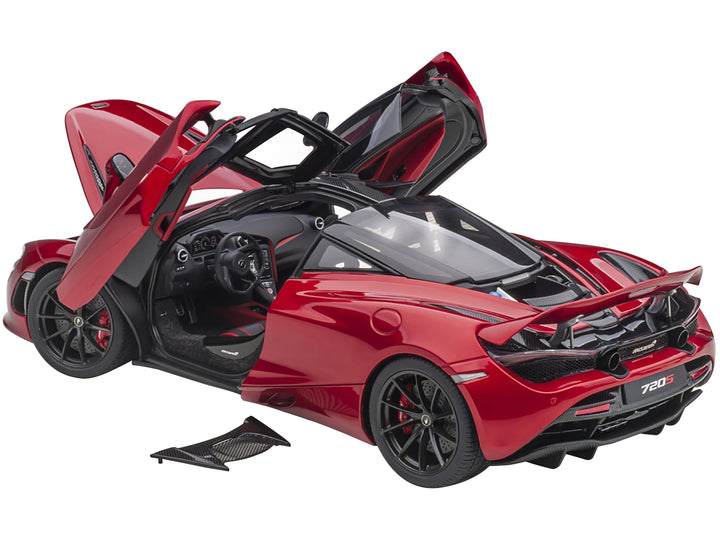 Mclaren 720S Memphis Red Metallic with Black Top and Carbon Accents 1/18 Model Car by Autoart image 2