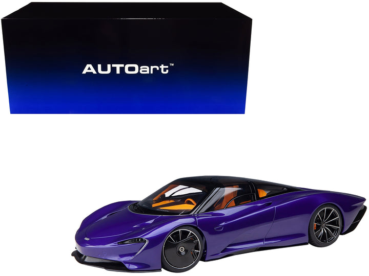 McLaren Speedtail Lantana Purple Metallic with Black Top and Yellow Interior and Suitcase Accessories 1/18 Model Car by Autoart image 2