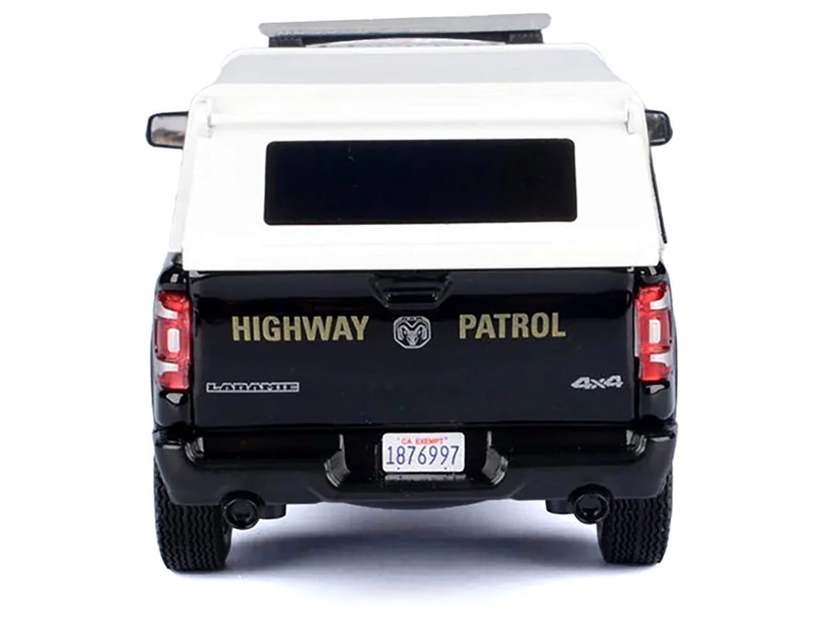 2019 RAM 1500 Laramine Crew Cab Pickup Truck "California Highway Patrol" Black and White with Truck Bed Camper "Law Enforcement and Public Service" Series 1/24-1/27 Diecast Model Car by Motormax