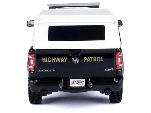 2019 RAM 1500 Laramine Crew Cab Pickup Truck "California Highway Patrol" Black and White with Truck Bed Camper "Law Enforcement and Public Service" Series 1/24-1/27 Diecast Model Car by Motormax