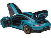 Porsche 911 (991.2) GT2 RS Weissach Package Miami Blue with Carbon Stripes 1/18 Model Car by Autoart image 3
