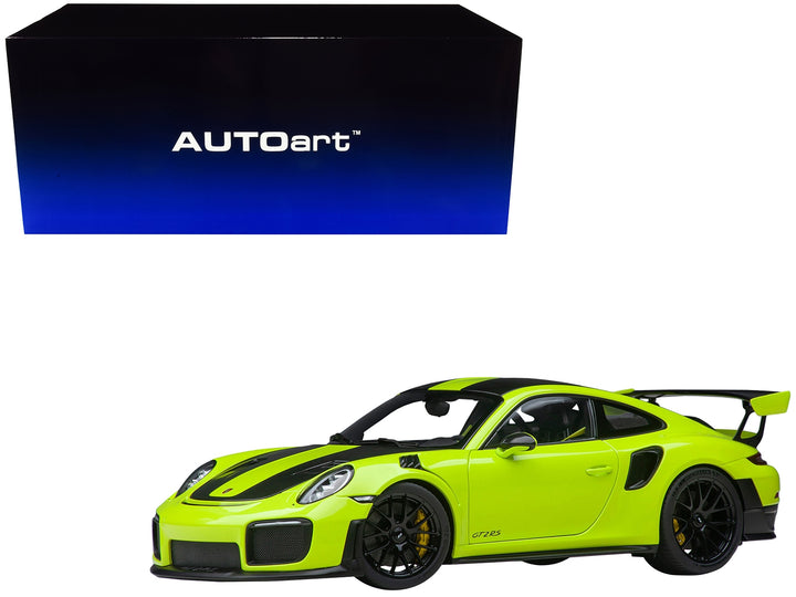 Porsche 911 (991.2) GT2 RS Weissach Package Acid Green with Carbon Stripes 1/18 Model Car by Autoart image 2