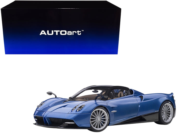 Pagani Huayra Roadster Blue Tricolore Carbon Fiber with Black Top with Luggage Set 1/18 Model Car by Autoart image 2
