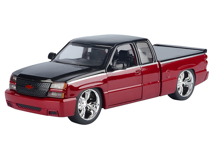 2006 Chevrolet Silverado Custom Pickup Truck Red Metallic and Black with Silver Stripes "Die-Cast Collection" Series 1/25 Diecast Model Car by Motormax image 2