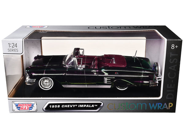 Motormax 1958 Chevrolet Impala green purple chrome Custom Wrap 1:24 79082, product image 1