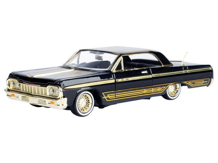 1964 Chevrolet Impala Lowrider Black with Gold Graphics and Wheels "Midnight Eclipse" Series 1/24 Diecast Model Car by Motormax image 2