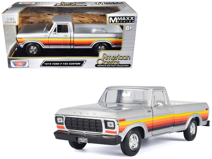 1979 Ford F-150 Custom Pickup Truck Silver Metallic with Side Stripes "American Classics" Series 1/24 Diecast Model Car by Motormax image 2