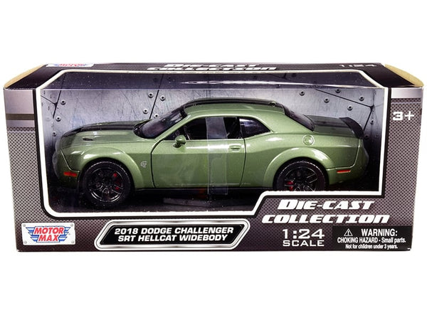 Motormax 2018 Dodge Challenger SRT Hellcat Widebody green metallic black stripes 1:24, view 1