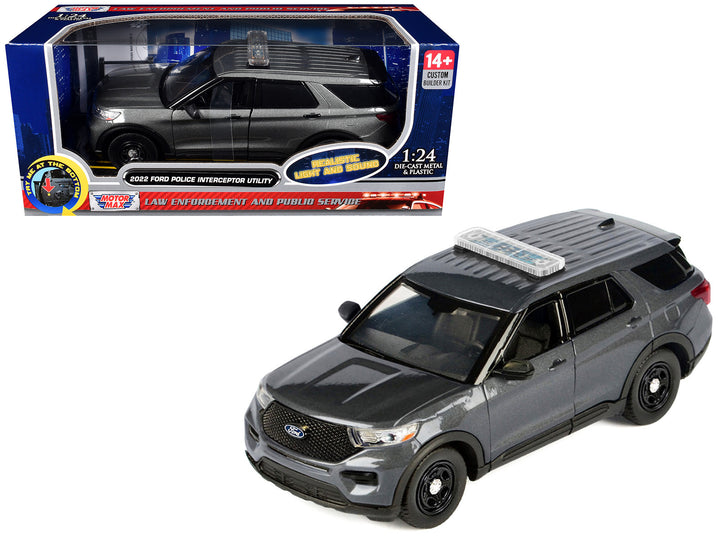 2022 Ford Police Interceptor Utility Dark Gray Metallic "Builder's Kit" with Flashing Light Bar and Front and Rear Lights and Sounds 1/24 Diecast Model Car by Motormax